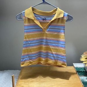 striped yellow, blue, and orange sleeveless crop top, size L